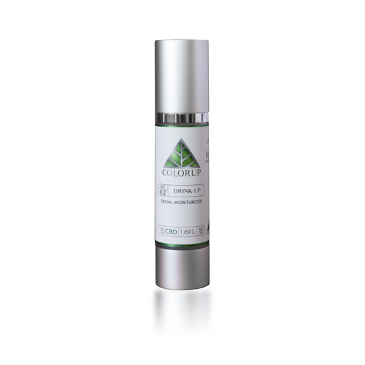 Color Up DRINK UP Facial Moisturizer with CBD, hemp protein, and lightweight hydration for daily facial skincare on white background.