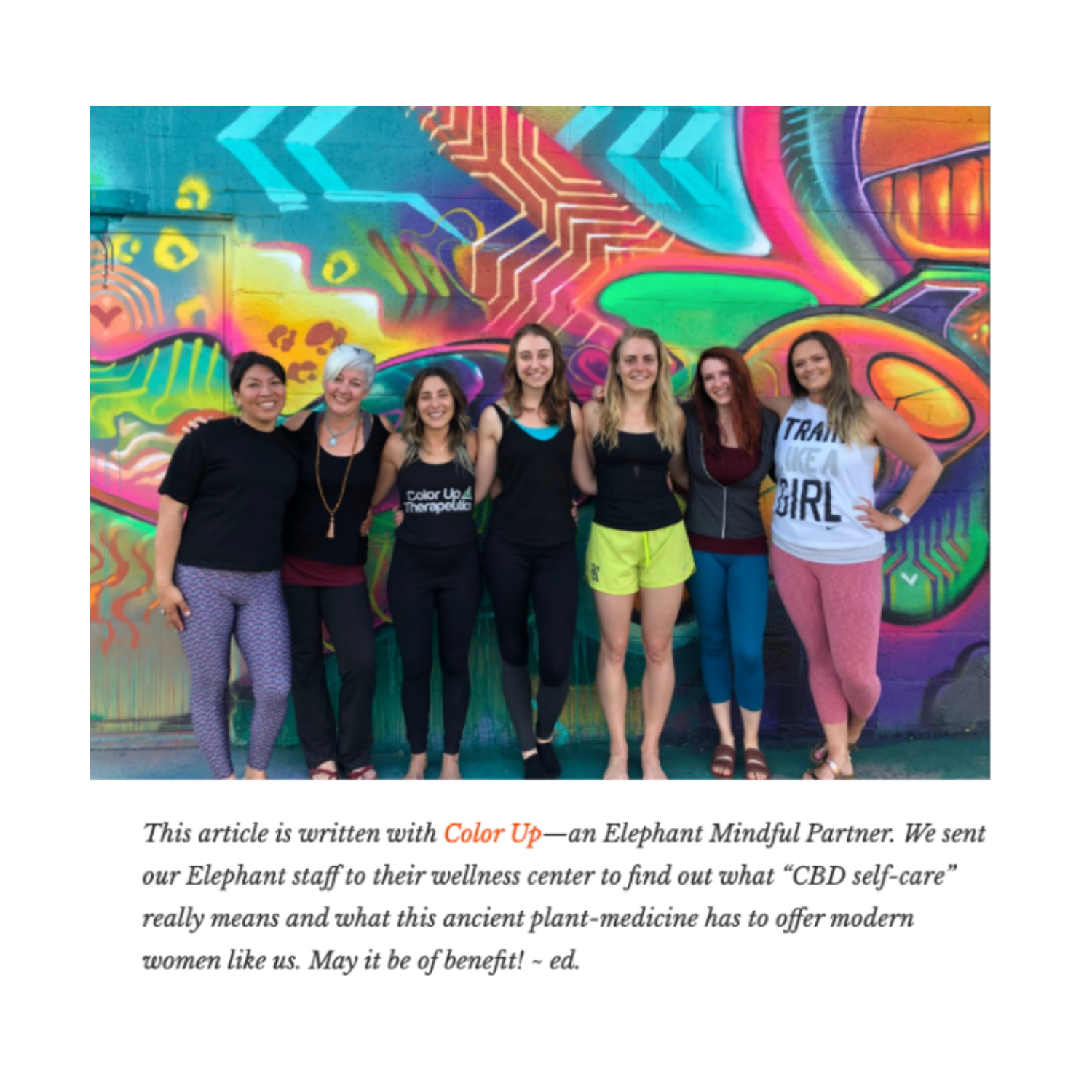 Elephant Journal wellness feature highlighting Color Up women standing in front of their wellness center with a decorated wall behind them.