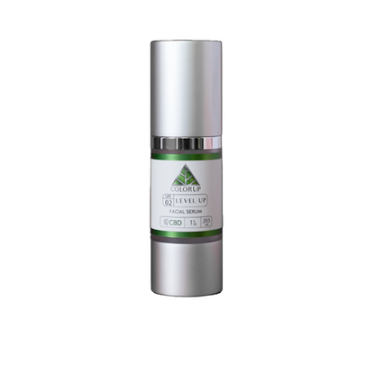 'Color Up Level Up Serum' with green triangle logo on bottle with white background