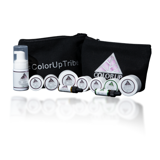Video of Color Up Skincare Travel Kit with 10 white sample sized skin care products in front of canvas bag labeled with Color Up logo.