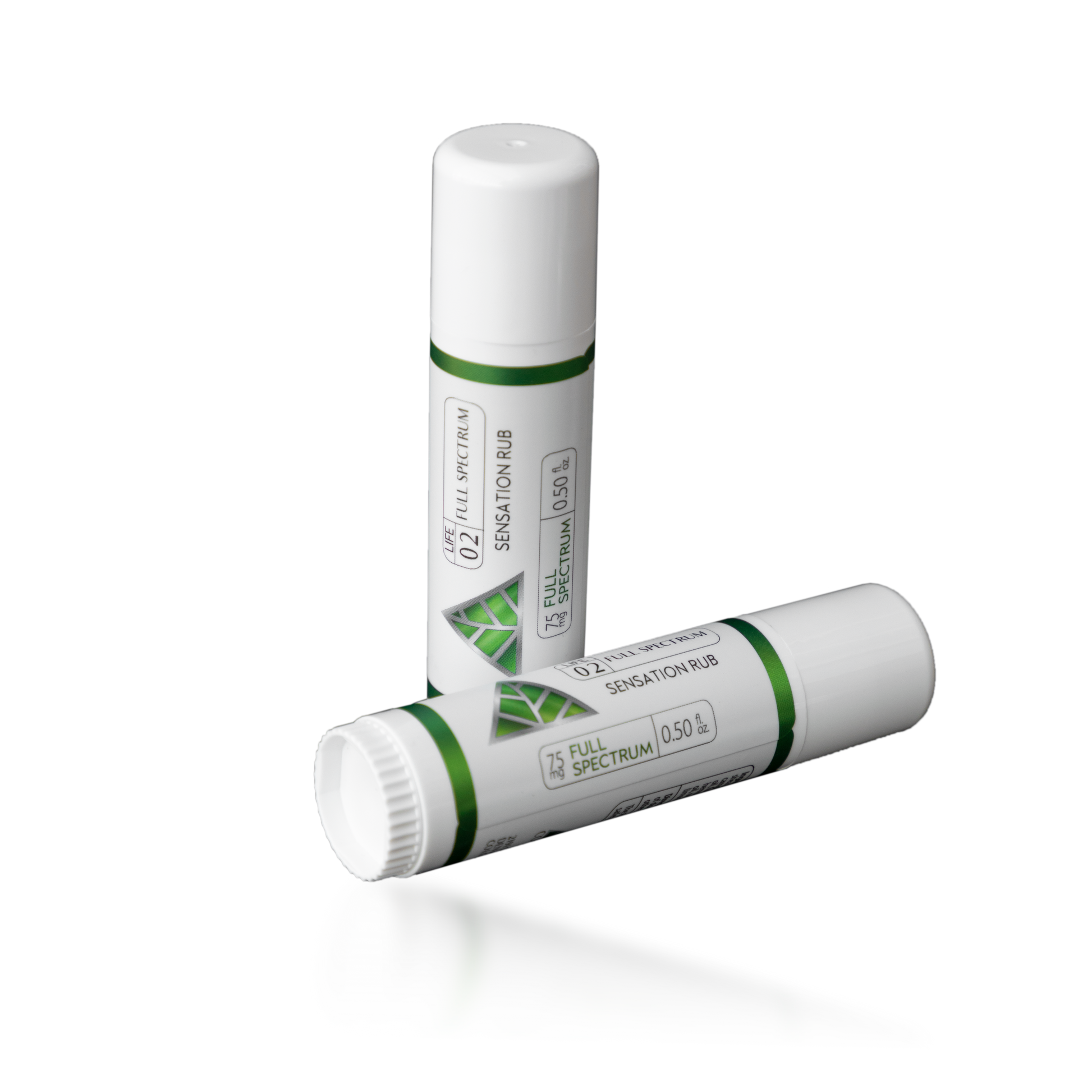 Two Color Up SENSATION Rubs with full-spectrum CBD, menthol, and camphor in a mess-free targeted-use stick on transparent background.