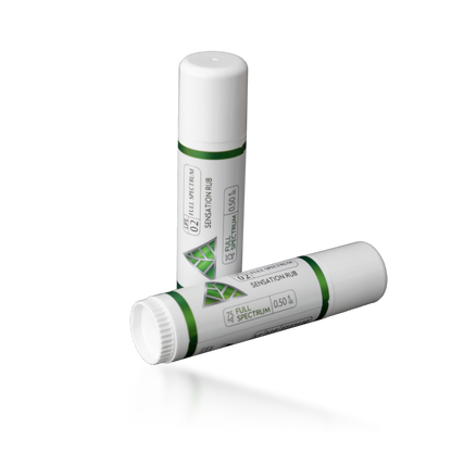 Two Color Up SENSATION Rubs with full-spectrum CBD, menthol, and camphor in a mess-free targeted-use stick on transparent background.