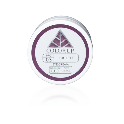 Color Up Travel Sized BRIGHT Eye Cream with CBD and peptides for targeted under-eye skincare, dark circle care, and professional eye treatments on a transparent background.