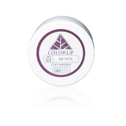 Color Up Travel Sized DETOX Clay Masque with CBD, kaolin clay, and bentonite clay for purifying facial skincare on transparent background.