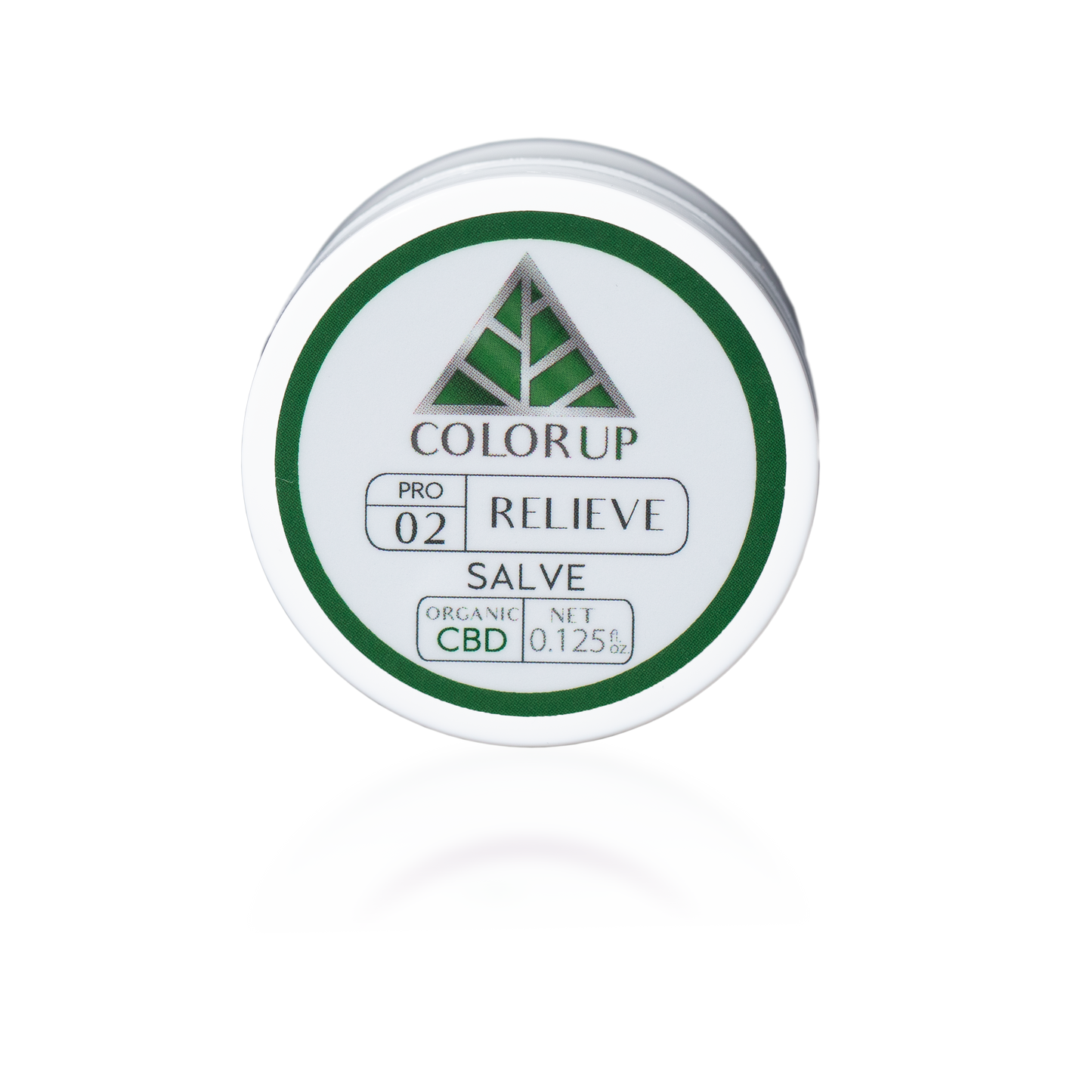 Color Up Travel Sized RELIEVE Pure CBD Salve in pocket-size white container with zero THC and hemp beeswax on transparent background.