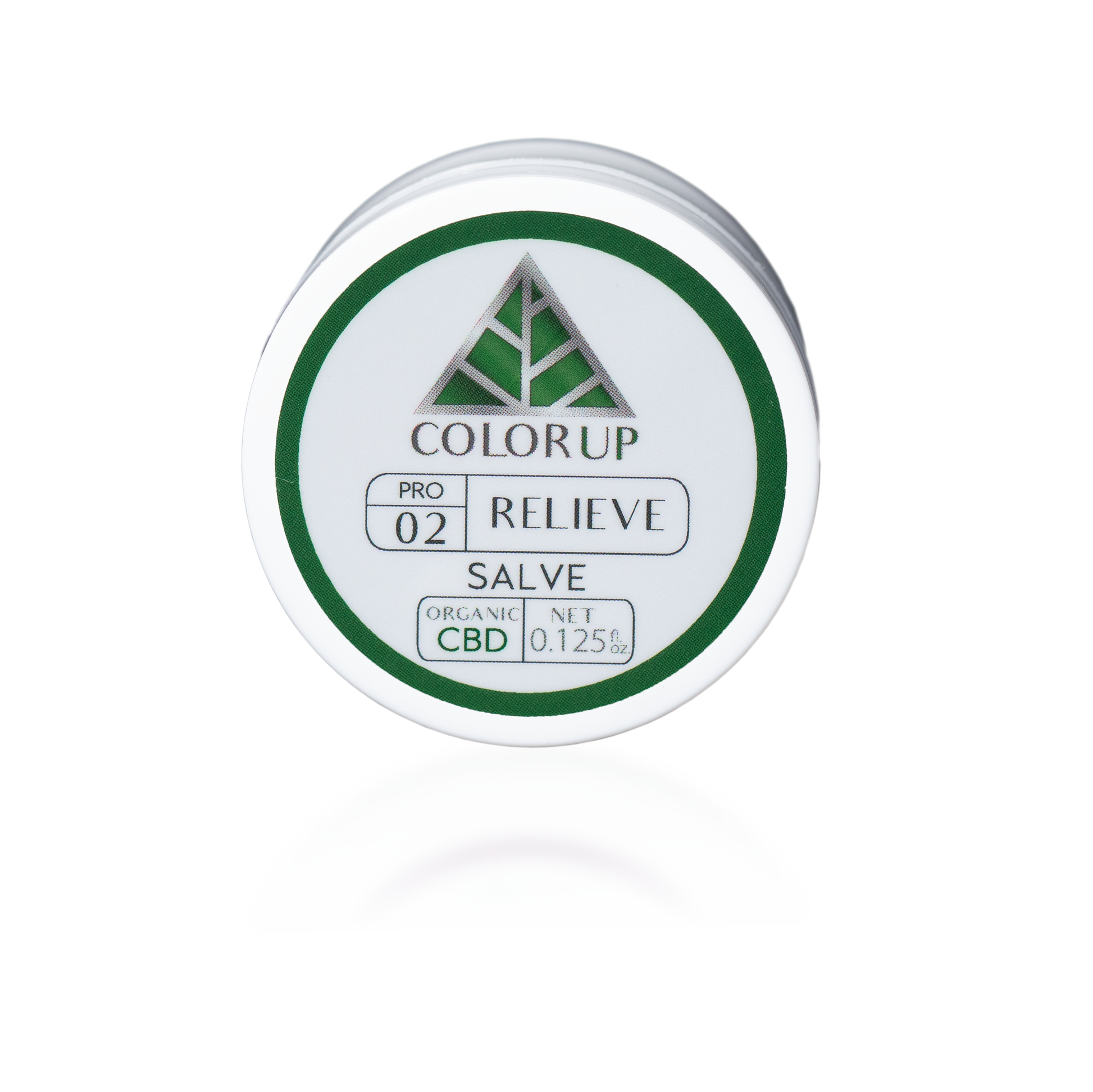 Color Up Travel Sized RELIEVE Pure CBD Salve in pocket-size white container with zero THC and hemp beeswax on transparent background.