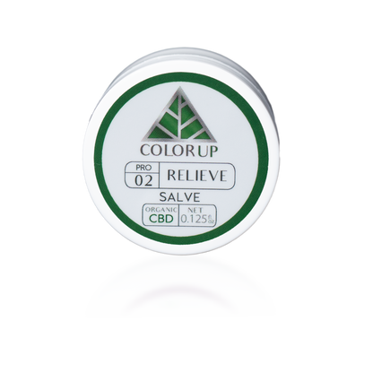 Color Up Travel Sized RELIEVE Pure CBD Salve in pocket-size white container with zero THC and hemp beeswax on transparent background.